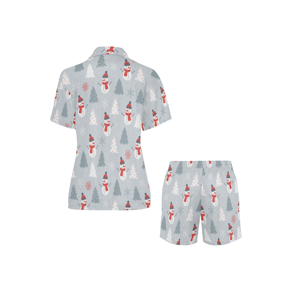 Snowman christmas tree snow gray background Women's V-Neck Short Pajama Set