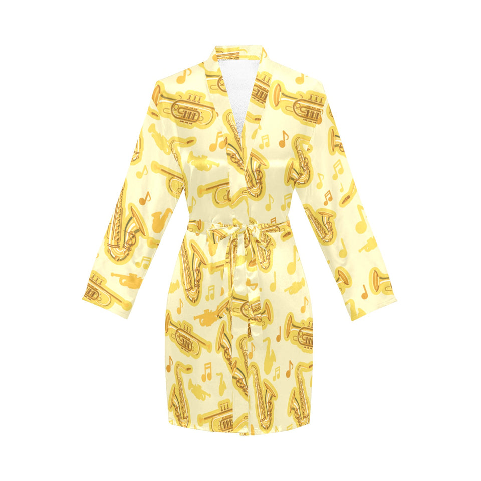 Saxophone cornet pattern yellow background Women's Long Sleeve Belted Night Robe