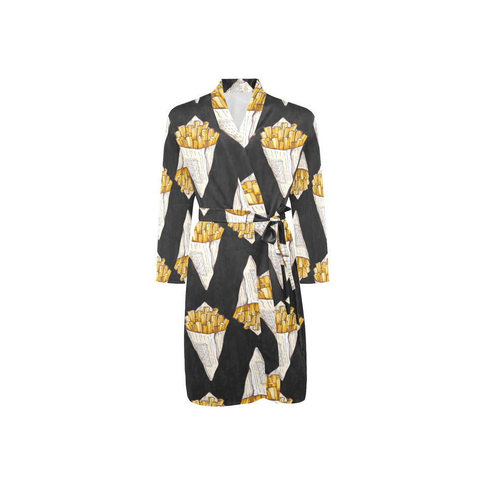 French fries dark background Men's Long Sleeve Belted Night Robe