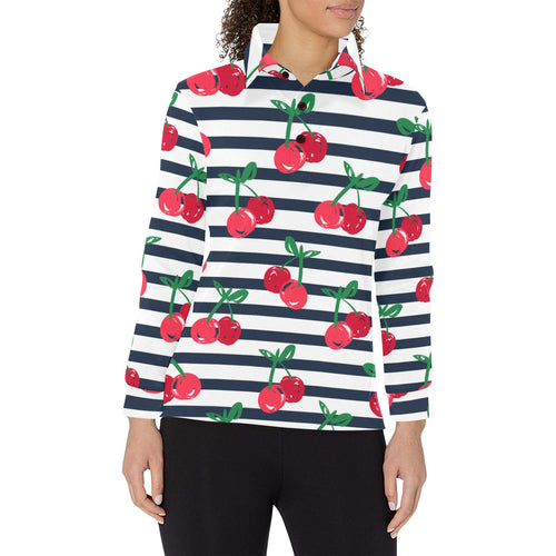 Hand drawn cherry pattern striped background Women's Long Sleeve Polo Shirt