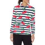 Hand drawn cherry pattern striped background Women's Long Sleeve Polo Shirt