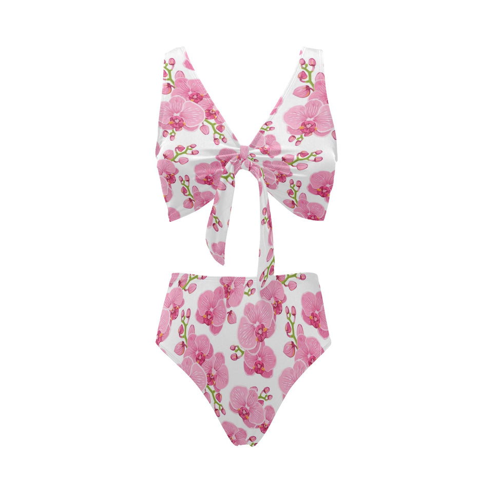pink purple orchid pattern background Chest Bowknot High Waisted Bikini Swimsuit