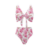 pink purple orchid pattern background Chest Bowknot High Waisted Bikini Swimsuit