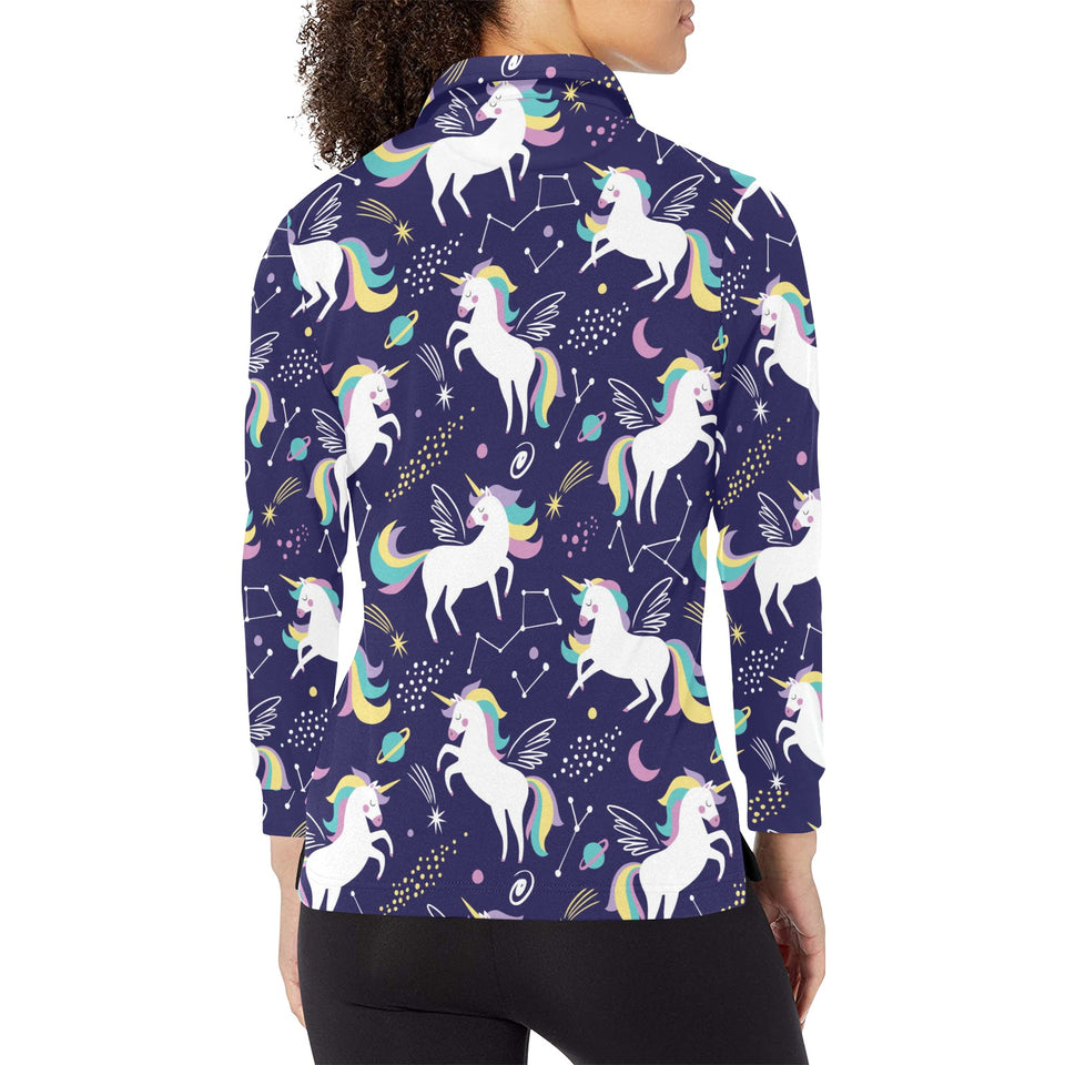 Hand drawn cute unicorn star planet Women's Long Sleeve Polo Shirt