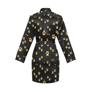 Dog Paws Pattern Print Design 05 Women's Long Sleeve Belted Night Robe