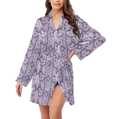 Indian Batik Style pattern Women's Long Sleeve Belted Night Robe
