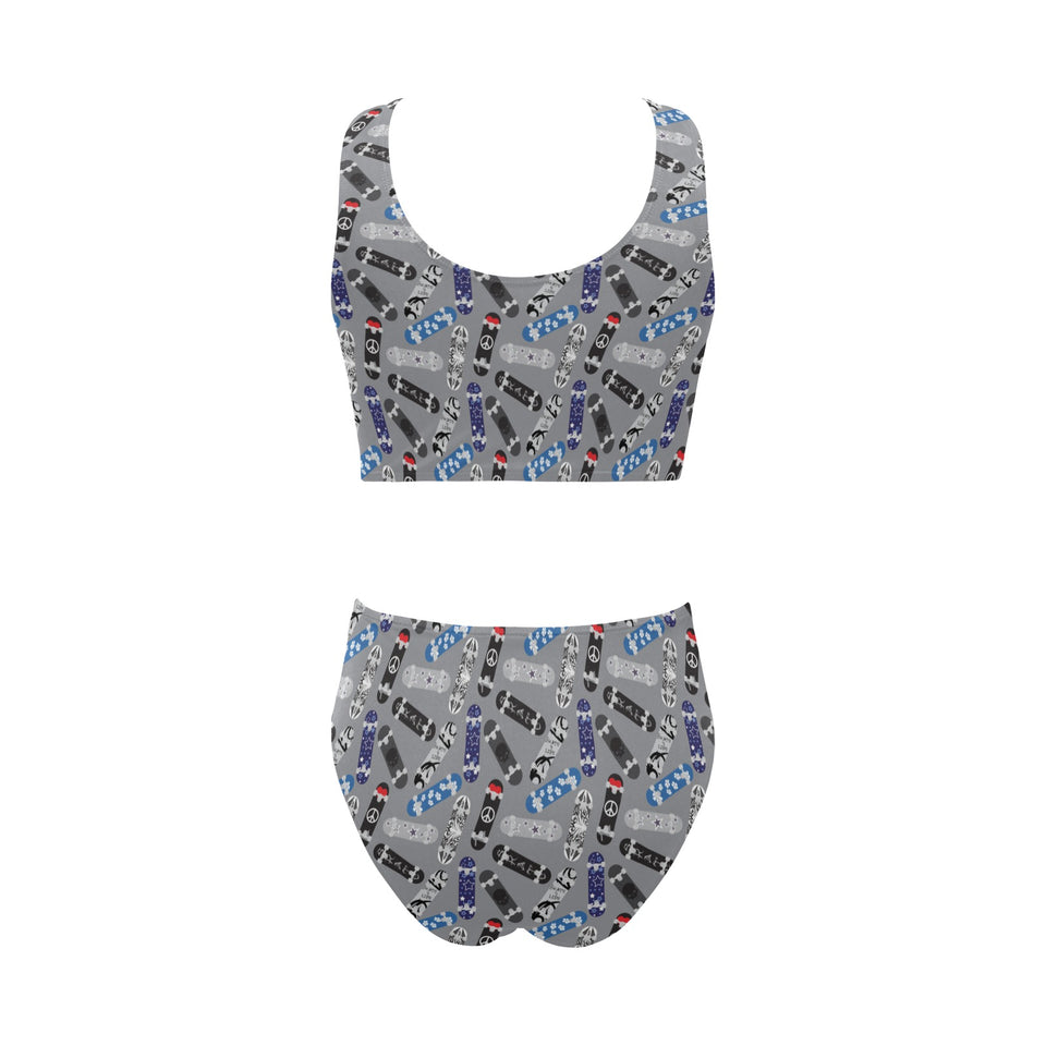 Skate Board Pattern Print Design 03 Chest Bowknot High Waisted Bikini Swimsuit