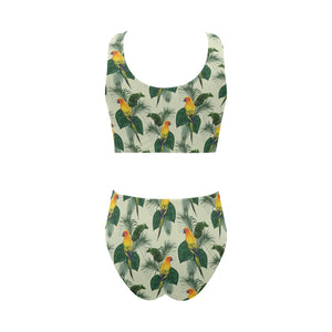 Beautiful parrot palm leaves pattern Chest Bowknot High Waisted Bikini Swimsuit