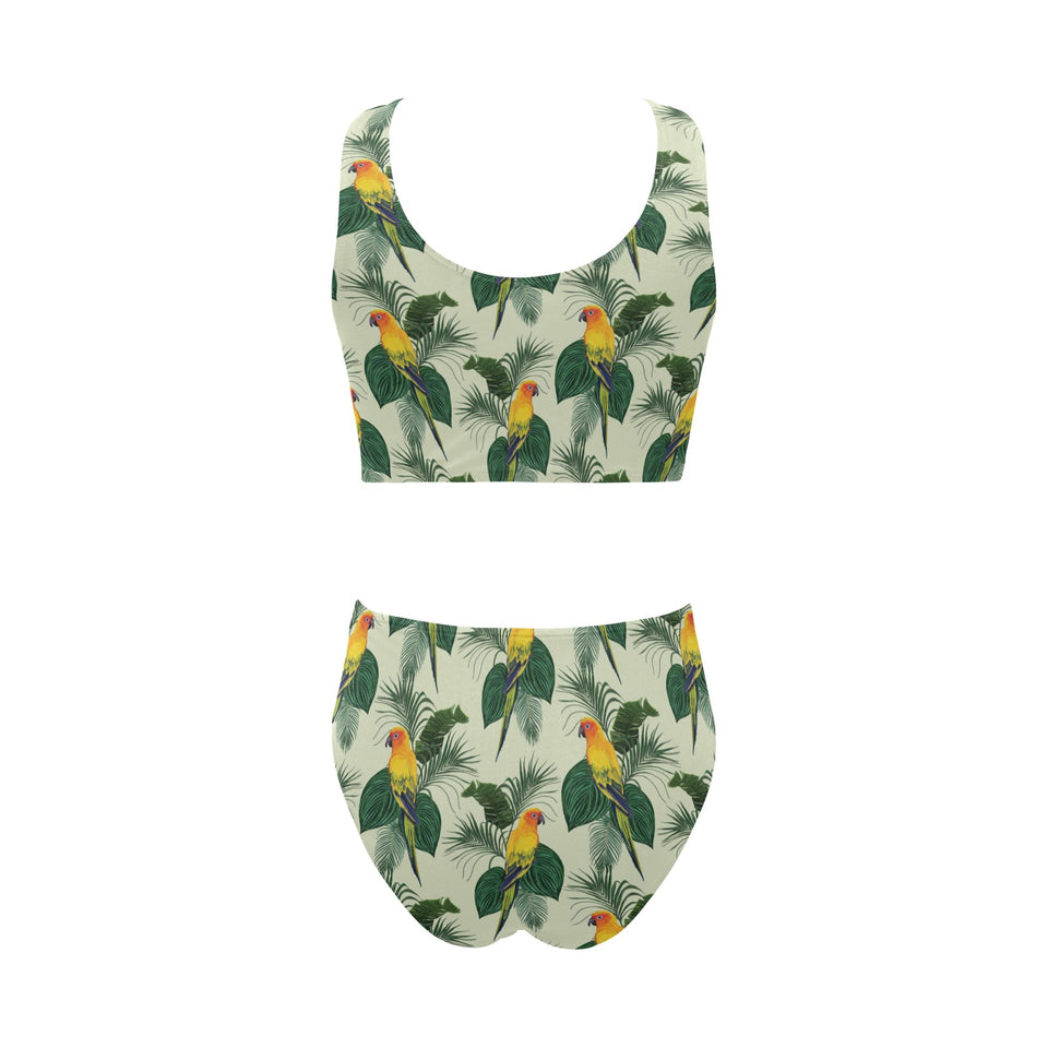 Beautiful parrot palm leaves pattern Chest Bowknot High Waisted Bikini Swimsuit