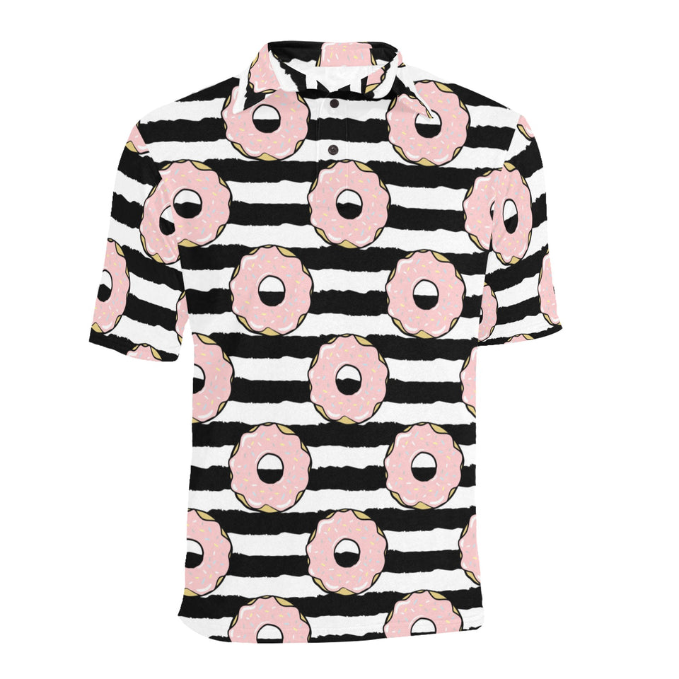 Donuts pink icing striped pattern Men's All Over Print Polo Shirt
