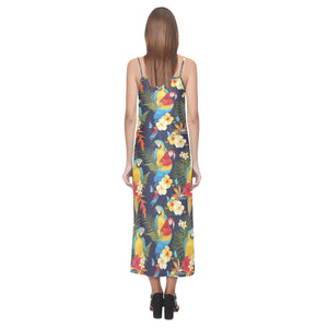 Colorful parrot flower pattern V-Neck Open Fork Long Dress