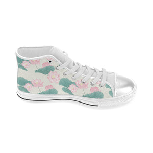 Pink lotus waterlily leaves pattern Women's High Top Canvas Shoes White