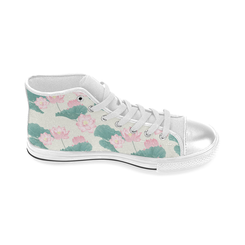 Pink lotus waterlily leaves pattern Women's High Top Canvas Shoes White