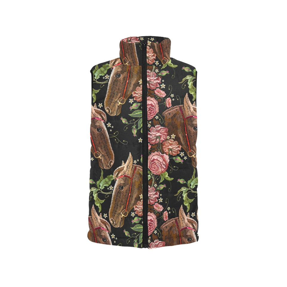 Horse head wild roses pattern Women's Padded Vest