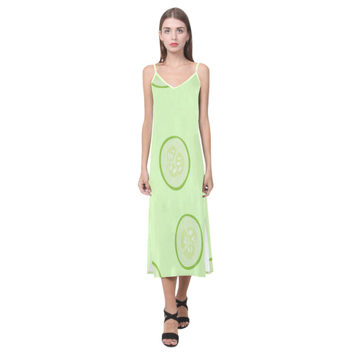 Cucumber pattern V-Neck Open Fork Long Dress