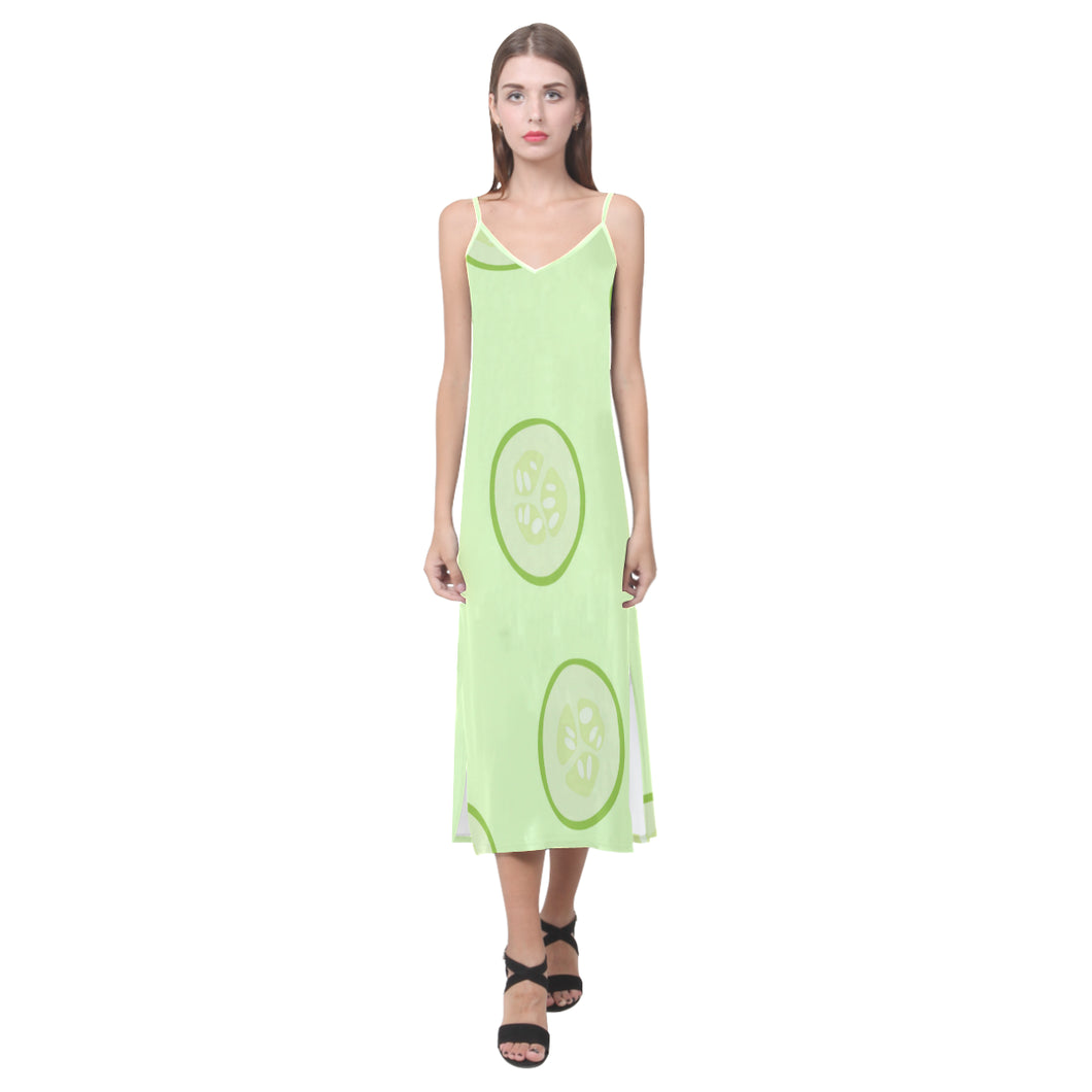 Cucumber pattern V-Neck Open Fork Long Dress