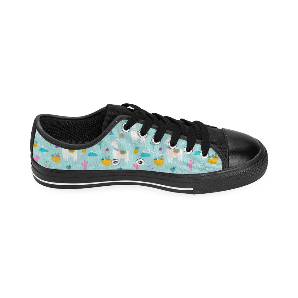 Llama alpaca cactus leaves pattern Men's Low Top Canvas Shoes Black