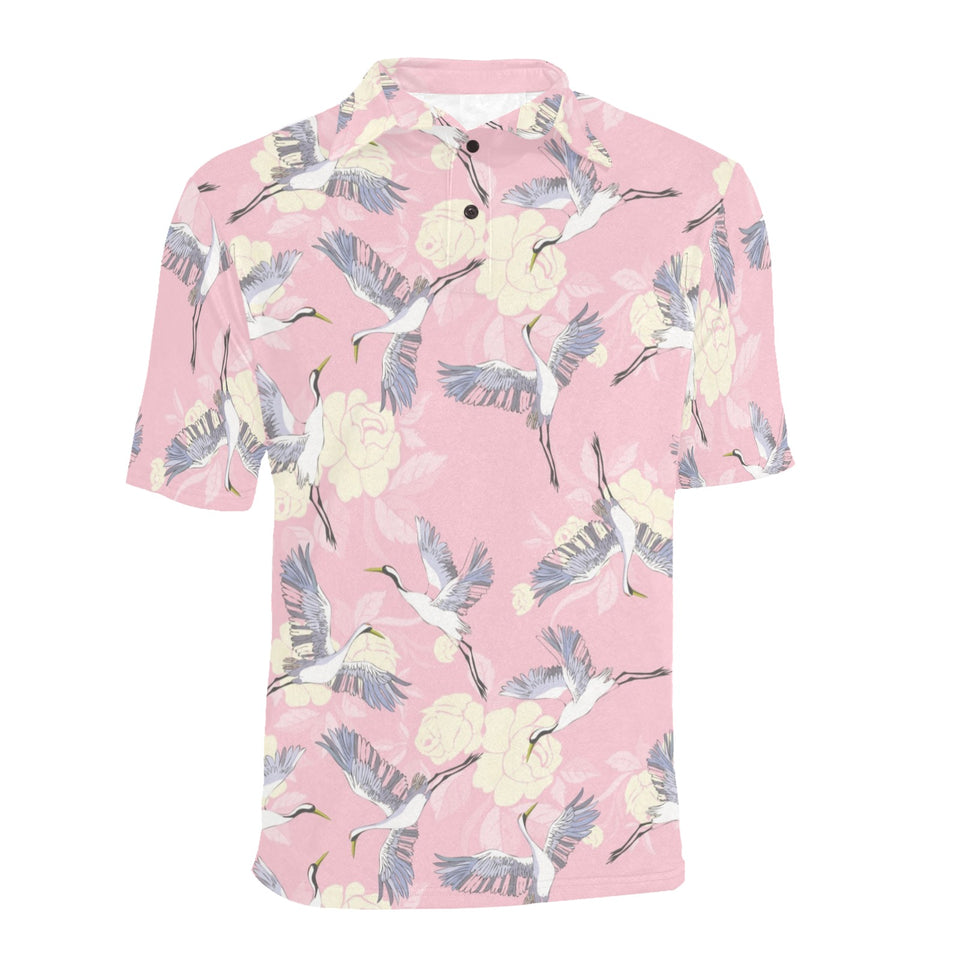 Japanese crane rose pattern Men's All Over Print Polo Shirt