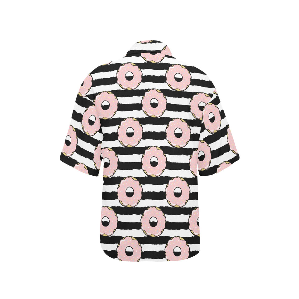Donuts pink icing striped pattern Women's All Over Print Hawaiian Shirt