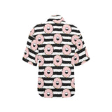 Donuts pink icing striped pattern Women's All Over Print Hawaiian Shirt