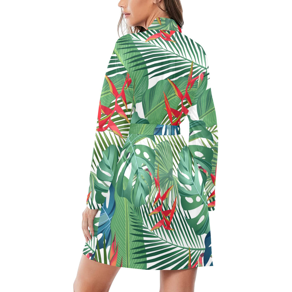 heliconia palm and monstera leaves pattern Women's Long Sleeve Belted Night Robe