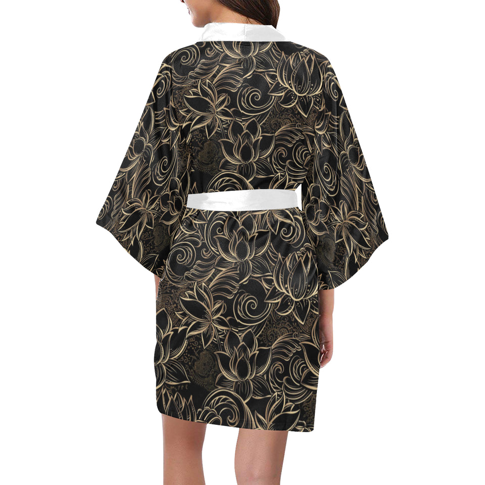 luxurious gold lotus waterlily black background Women's Short Kimono Robe