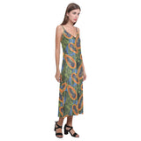 Colorful papaya tropical leaves V-Neck Open Fork Long Dress