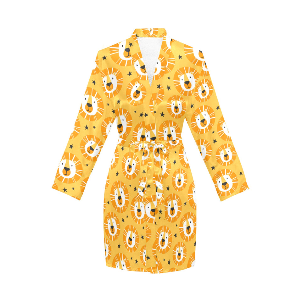 Lion Pattern Print Design 03 Women's Long Sleeve Belted Night Robe