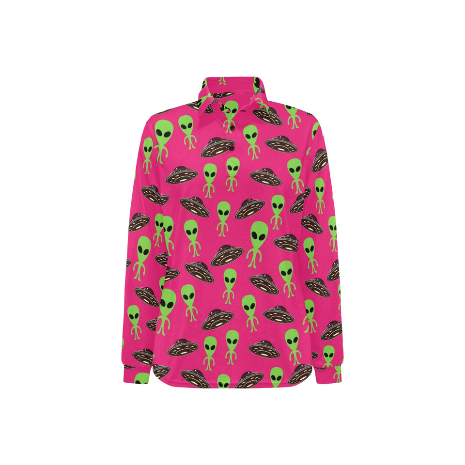 Alien Pattern Print Design 03 Women's Long Sleeve Polo Shirt