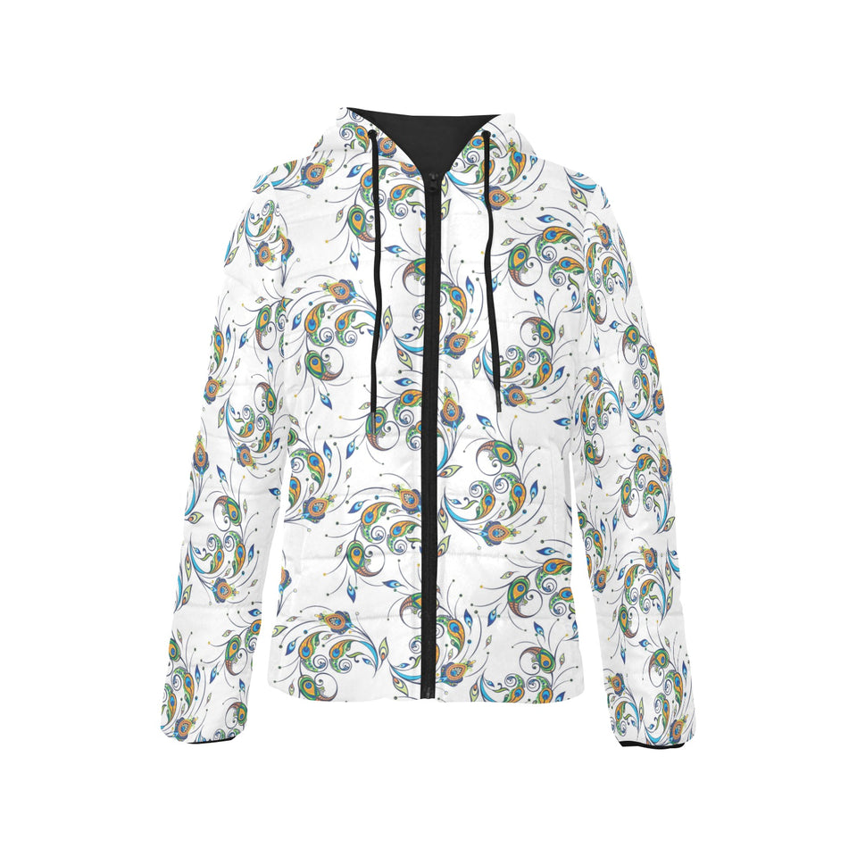 Peacock feather pattern Women's Padded Hooded Jacket