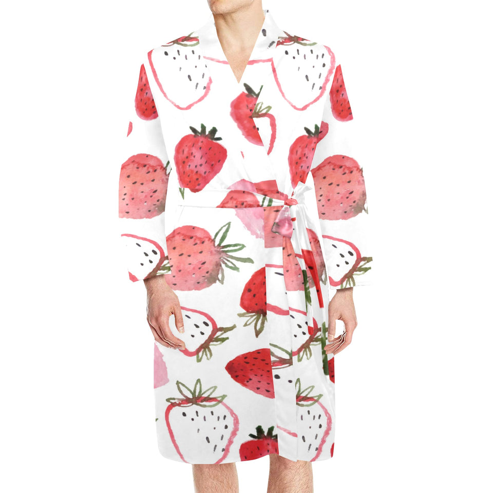 watercolor hand drawn beautiful strawberry pattern Men's Long Sleeve Belted Night Robe