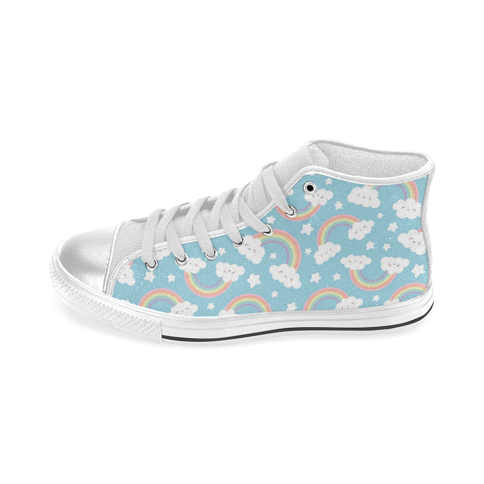 Cute rainbow clound star pattern blue background Women's High Top Canvas Shoes White