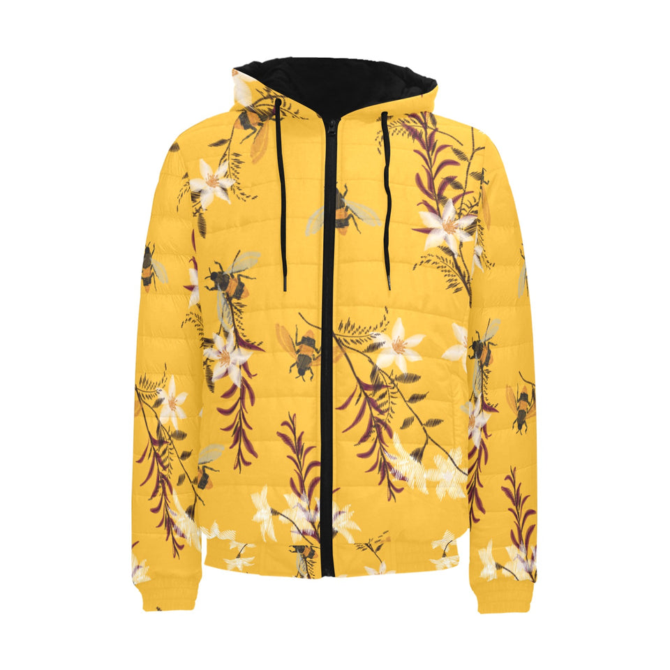 Bee flower pattern Men's Padded Hooded Jacket
