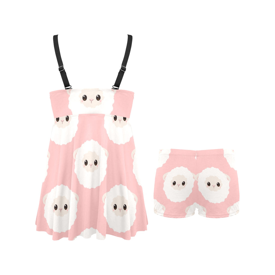 Cute sheep pattern Chest Sexy Pleated Two Piece Swim Dress