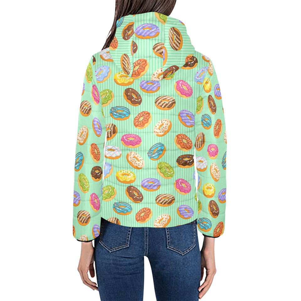 Colorful donut pattern green background Women's Padded Hooded Jacket