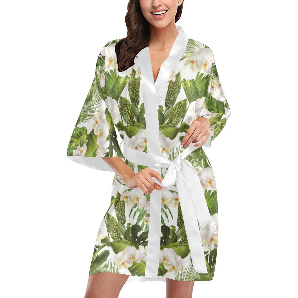 White orchid flower tropical leaves pattern Women's Short Kimono Robe