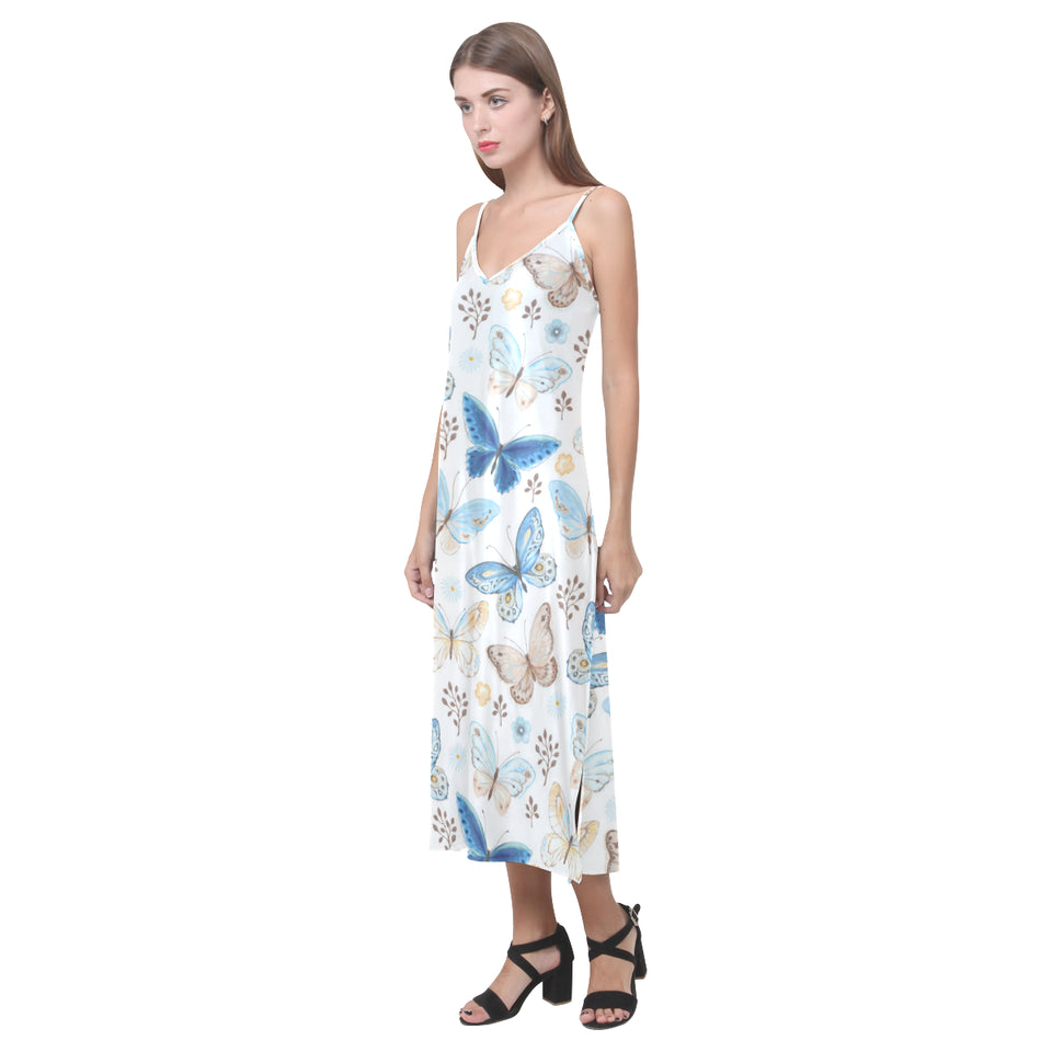 blue butterfly pattern V-Neck Open Fork Long Dress