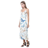 blue butterfly pattern V-Neck Open Fork Long Dress