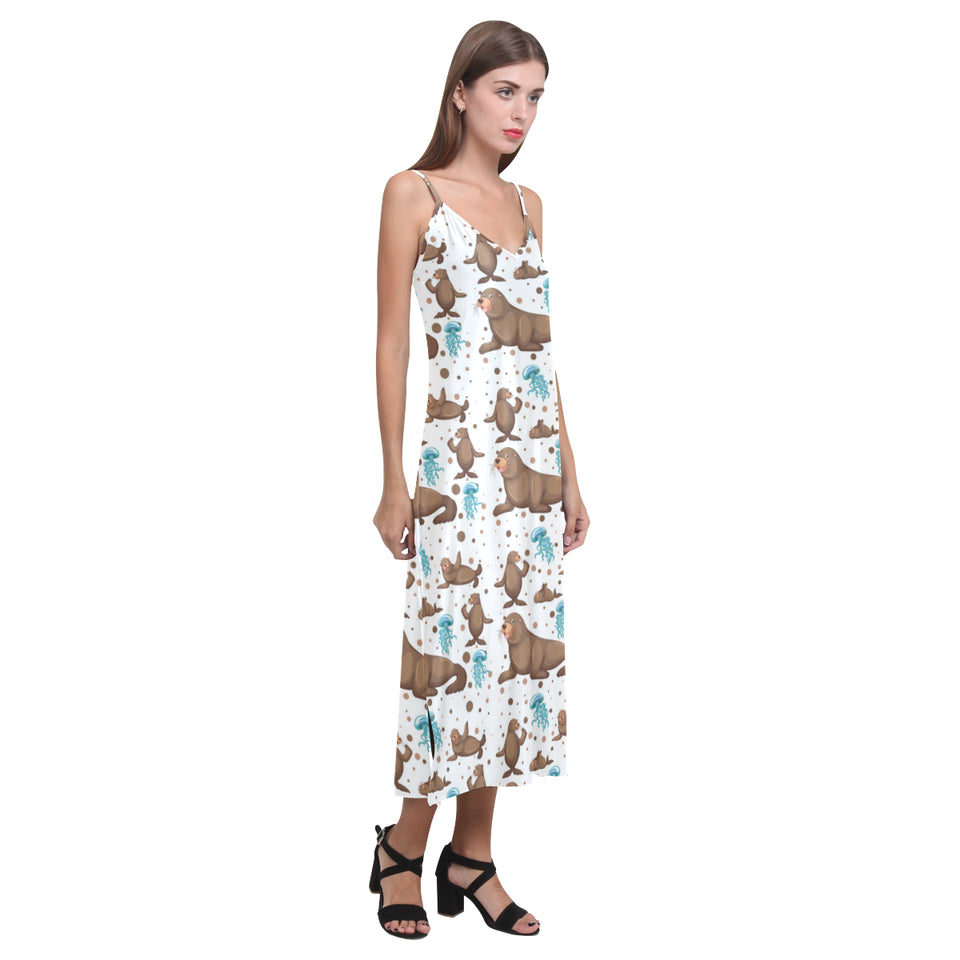 sea lion Seals jellyfish pattern V-Neck Open Fork Long Dress