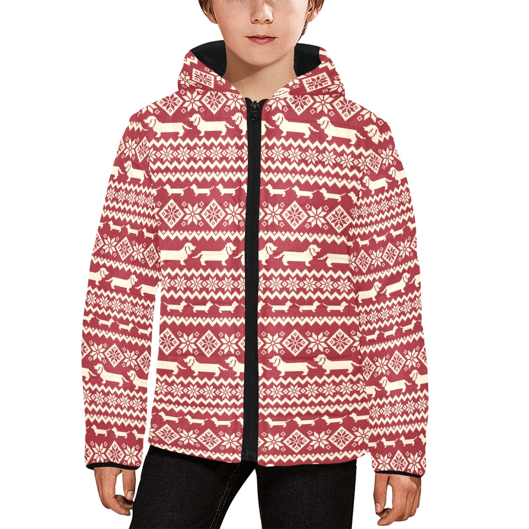 Dachshund Nordic pattern Kids' Boys' Girls' Padded Hooded Jacket