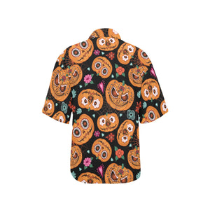 Pumpkin flowers spiderweb Halloween theme Women's All Over Print Hawaiian Shirt