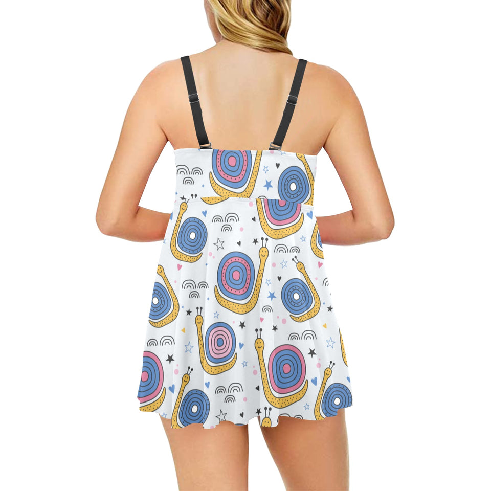 Snail Pattern Print Design 05 Chest Sexy Pleated Two Piece Swim Dress