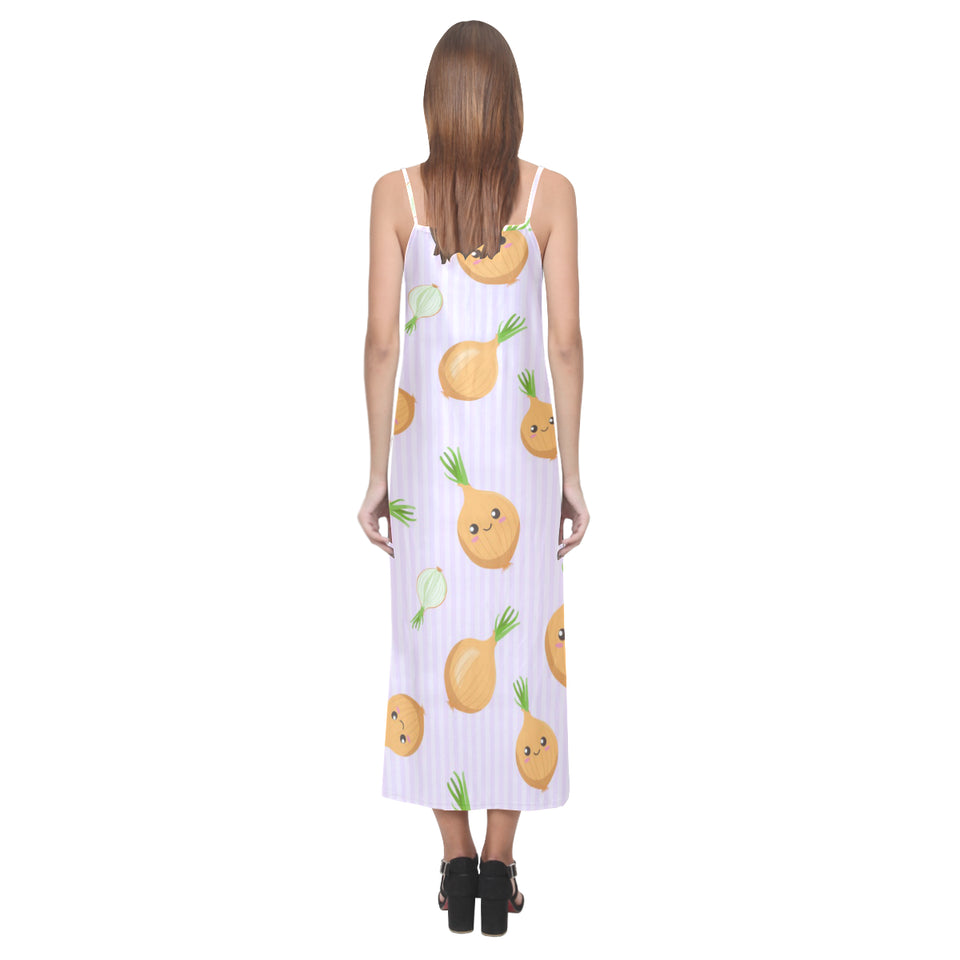 cute onions smiling faces purple background V-Neck Open Fork Long Dress