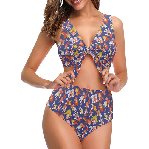 Goldfish Pattern Print Design 04 Chest Bowknot High Waisted Bikini Swimsuit