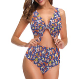 Goldfish Pattern Print Design 04 Chest Bowknot High Waisted Bikini Swimsuit