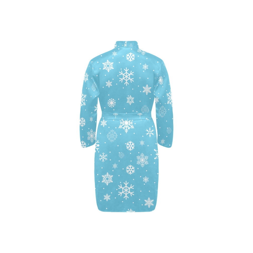 Snowflake pattern blue background Men's Long Sleeve Belted Night Robe