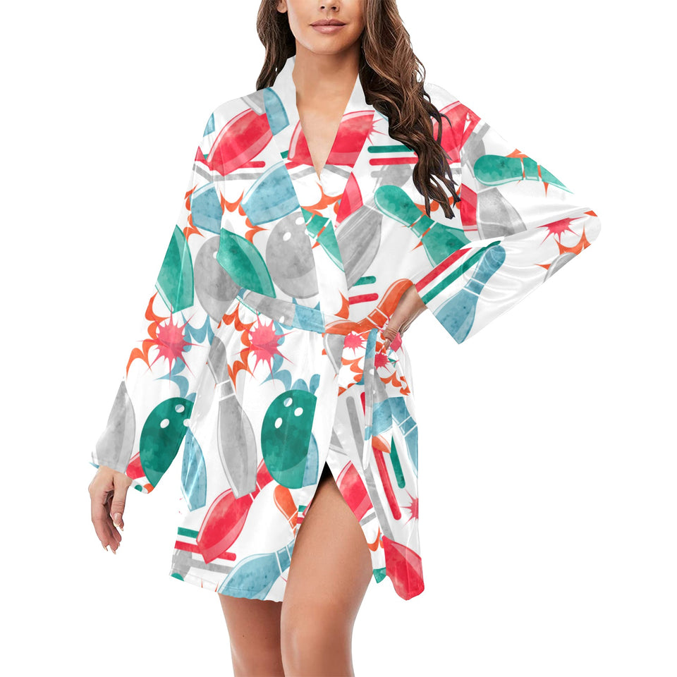 Watercolor bowling pattern Women's Long Sleeve Belted Night Robe