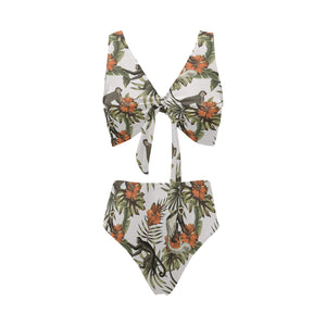 Monkey red hibiscus flower palm leaves floral patt Chest Bowknot High Waisted Bikini Swimsuit