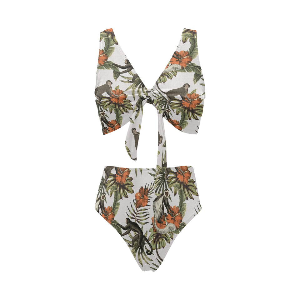 Monkey red hibiscus flower palm leaves floral patt Chest Bowknot High Waisted Bikini Swimsuit