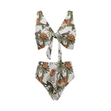 Monkey red hibiscus flower palm leaves floral patt Chest Bowknot High Waisted Bikini Swimsuit